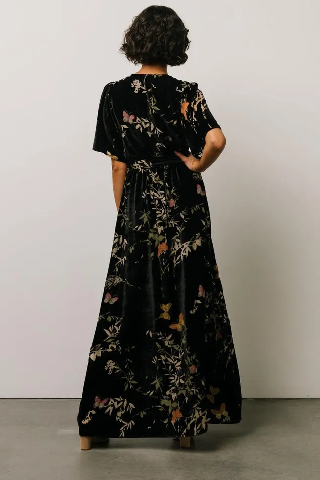 Women Uma Velvet Maxi Dress Black Butterfly Print Baltic Born Bump Friendly Women Uma Velvet Maxi Dress Black Butterfly Print Baltic Born Bump Friendly