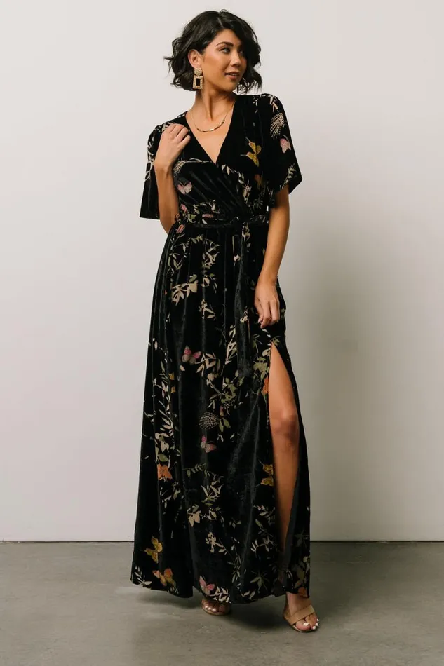 Women Uma Velvet Maxi Dress Black Butterfly Print Baltic Born Bump Friendly Women Uma Velvet Maxi Dress Black Butterfly Print Baltic Born Bump Friendly