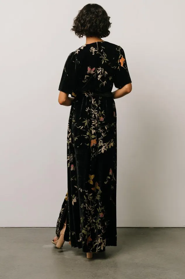 Women Uma Velvet Maxi Dress Black Butterfly Print Baltic Born Bump Friendly Women Uma Velvet Maxi Dress Black Butterfly Print Baltic Born Bump Friendly