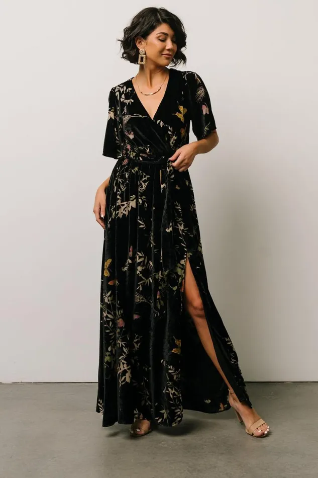 Women Uma Velvet Maxi Dress Black Butterfly Print Baltic Born Bump Friendly Women Uma Velvet Maxi Dress Black Butterfly Print Baltic Born Bump Friendly
