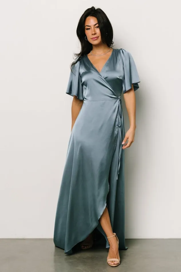 Women Vara Satin Maxi Wrap Dress Dusty Blue Baltic Born The Guest Edit