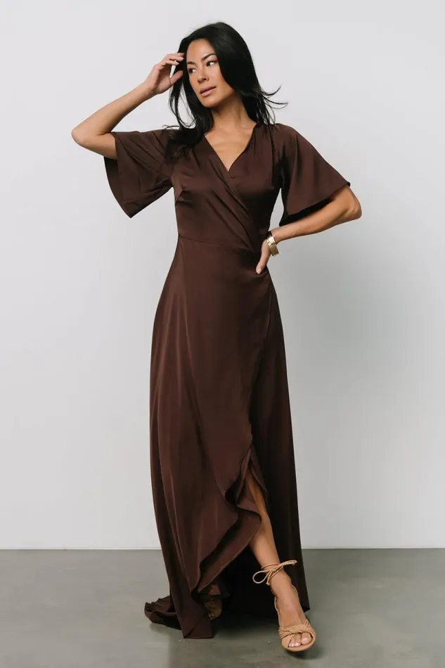 Women Vara Satin Maxi Wrap Dress Espresso Baltic Born Maxi Dresses