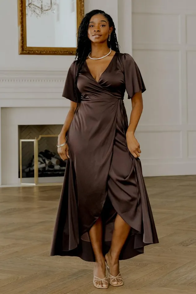 Women Vara Satin Maxi Wrap Dress Espresso Baltic Born Maxi Dresses