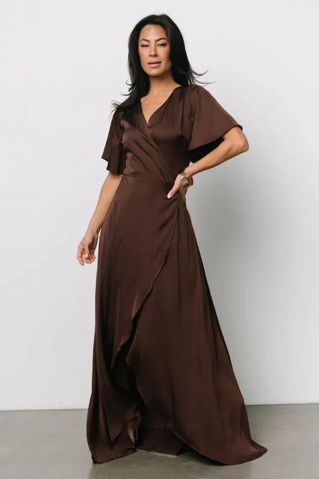 Women Vara Satin Maxi Wrap Dress Espresso Baltic Born Maxi Dresses