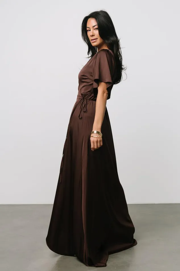 Women Vara Satin Maxi Wrap Dress Espresso Baltic Born Maxi Dresses