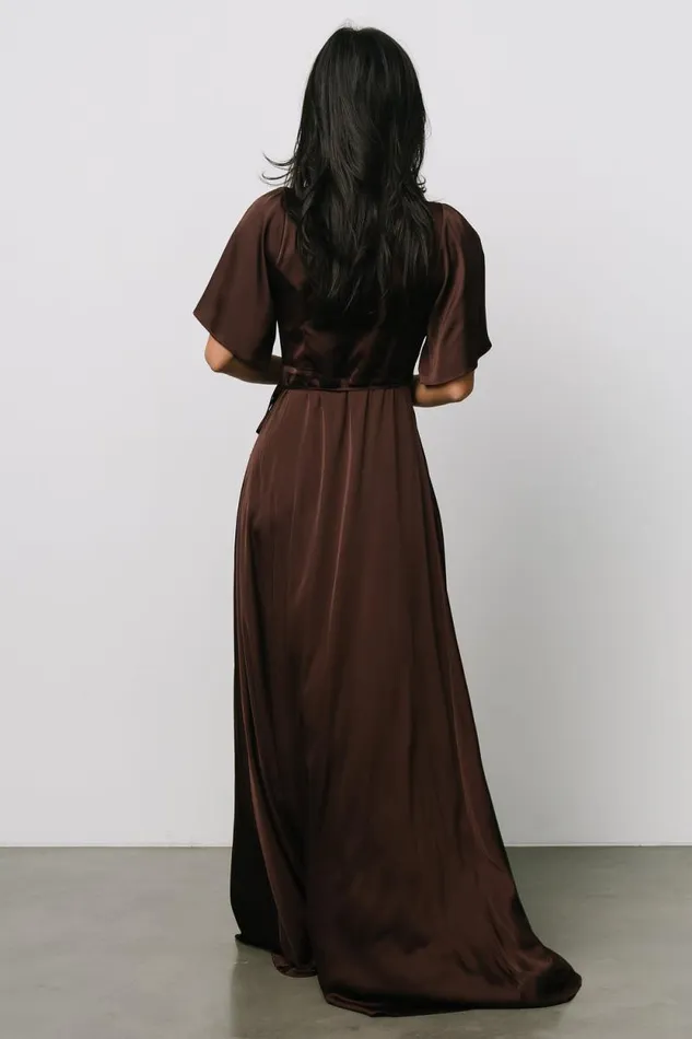 Women Vara Satin Maxi Wrap Dress Espresso Baltic Born Maxi Dresses