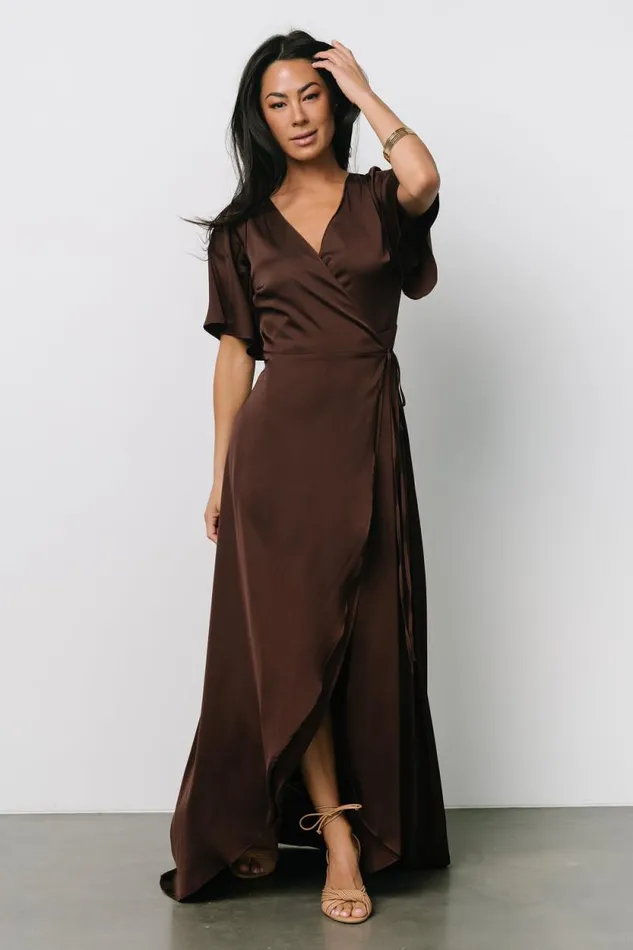 Women Vara Satin Maxi Wrap Dress Espresso Baltic Born Maxi Dresses