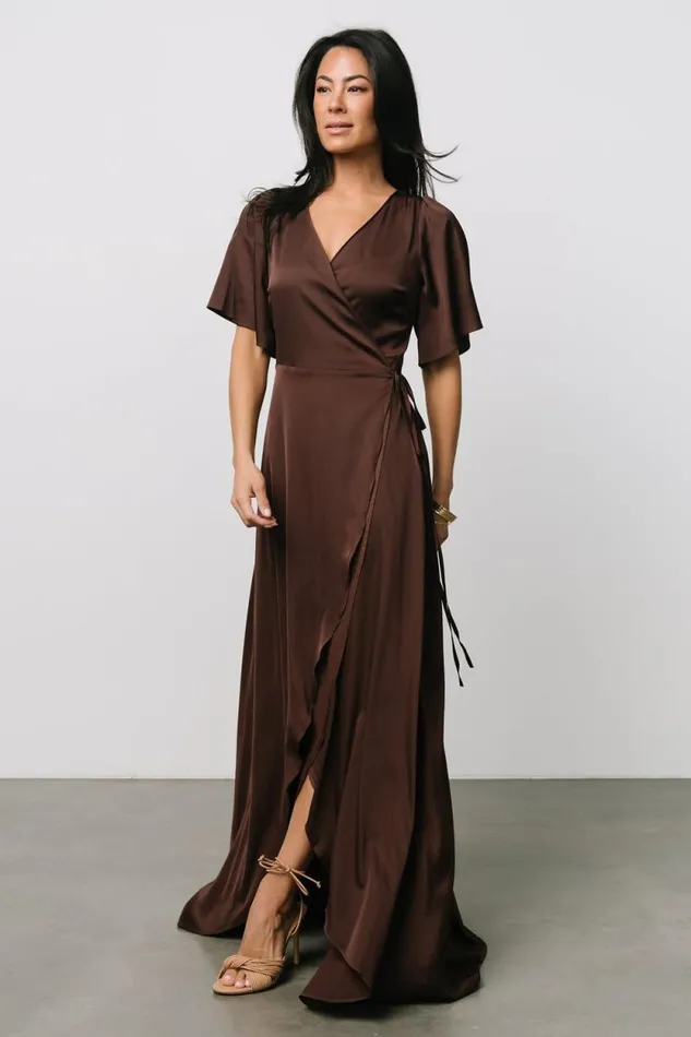 Women Vara Satin Maxi Wrap Dress Espresso Baltic Born Maxi Dresses