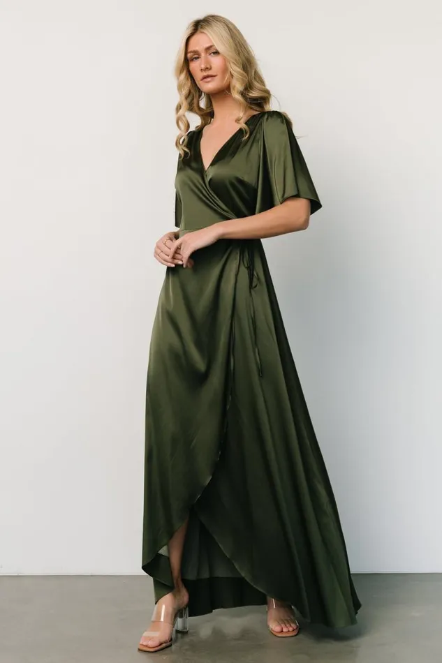 Women Vara Satin Maxi Wrap Dress Juniper Green Baltic Born Maxi Dresses
