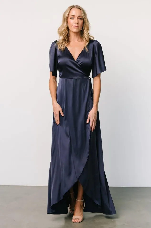 Women Vara Satin Maxi Wrap Dress Navy Baltic Born Maxi Dresses