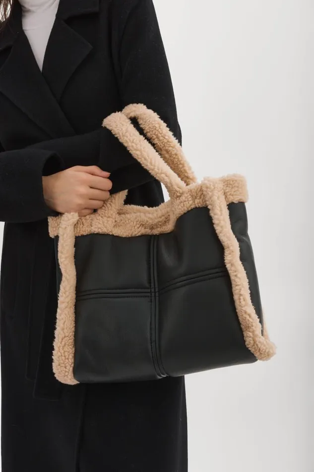 Women ZOEY Sherpa Leather Tote Blackivory LAMARQUE Bags