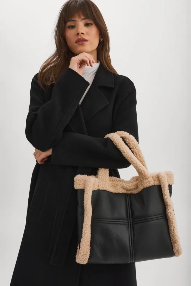 Women ZOEY Sherpa Leather Tote Blackivory LAMARQUE Bags