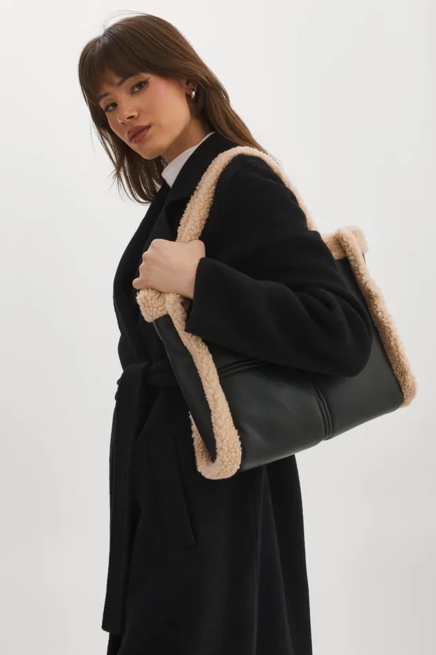 Women ZOEY Sherpa Leather Tote Blackivory LAMARQUE Bags