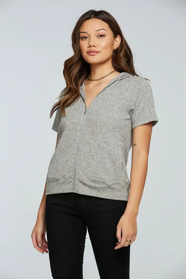 Womens Outerwear Chaser Brand Linen Rib Short Sleeve Zip Up Hoodie