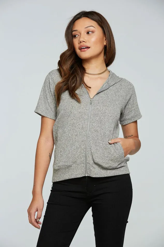 Womens Outerwear Chaser Brand Linen Rib Short Sleeve Zip Up Hoodie