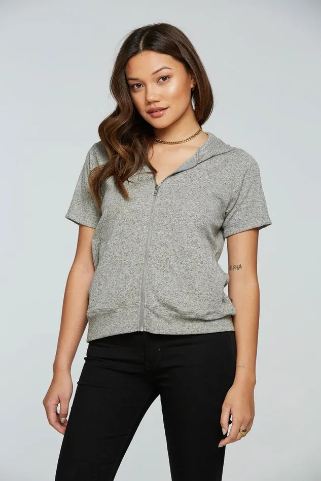 Womens Outerwear Chaser Brand Linen Rib Short Sleeve Zip Up Hoodie