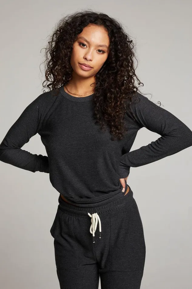Womens Tops Chaser Brand Black Long Sleeve Raglan Pullover