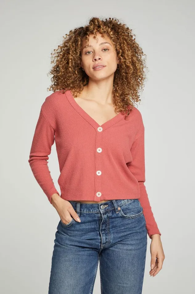 Womens Tops Chaser Brand Button Down Cropped Long Sleeve Cardigan