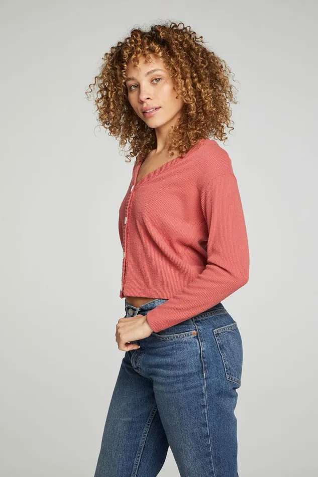 Womens Tops Chaser Brand Button Down Cropped Long Sleeve Cardigan
