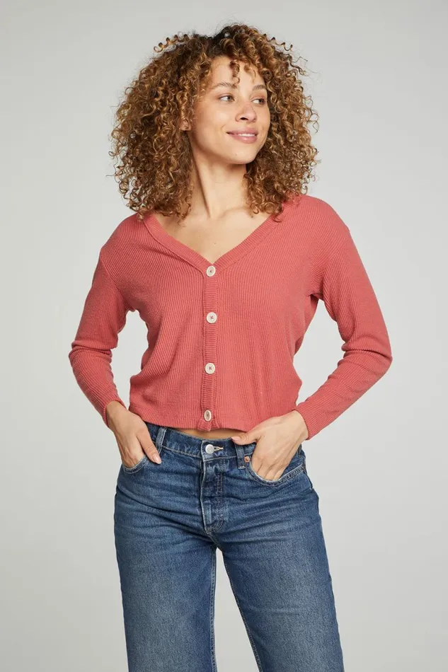 Womens Tops Chaser Brand Button Down Cropped Long Sleeve Cardigan
