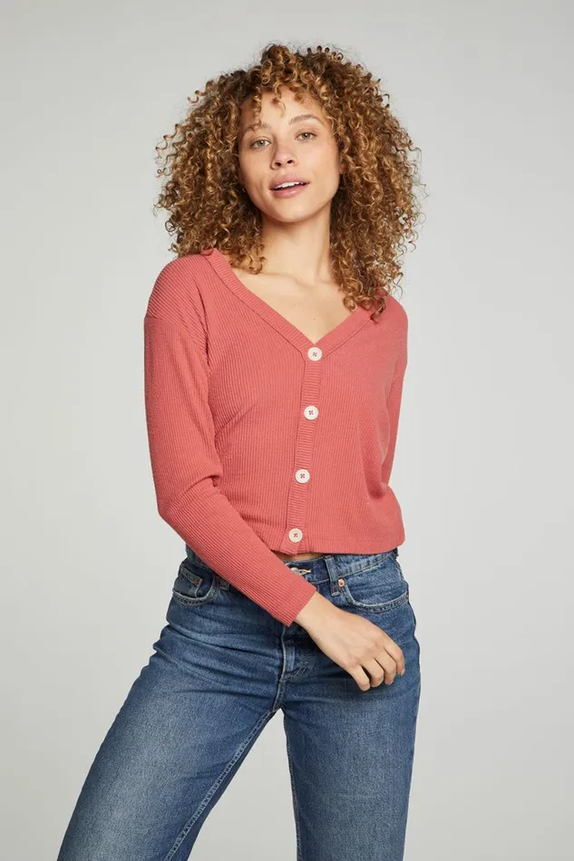 Womens Tops Chaser Brand Button Down Cropped Long Sleeve Cardigan