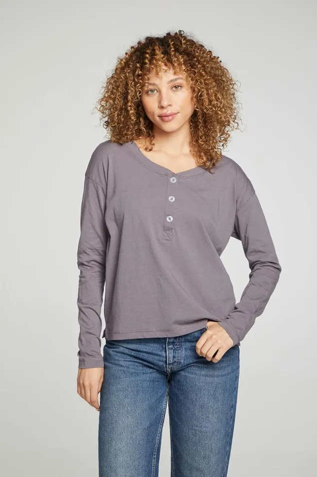 Womens Tops Chaser Brand Cropped Boxy Long Sleeve Henley With Side Slits