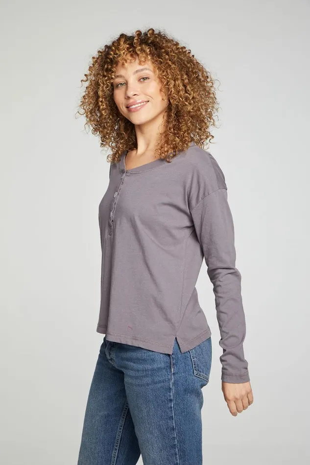Womens Tops Chaser Brand Cropped Boxy Long Sleeve Henley With Side Slits