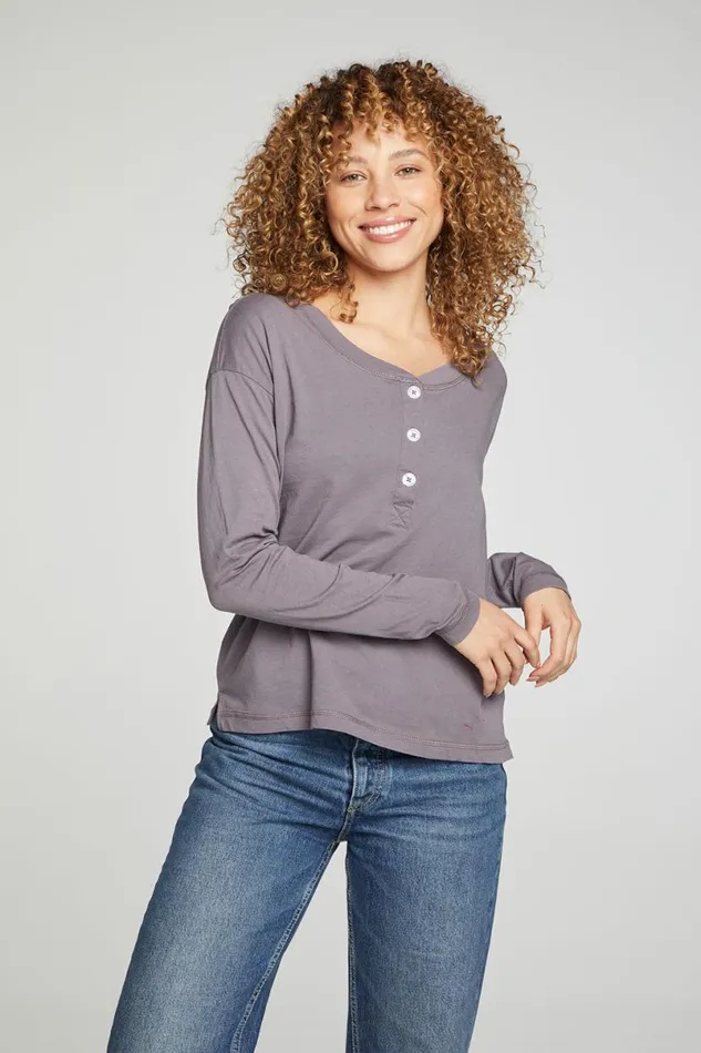 Womens Tops Chaser Brand Cropped Boxy Long Sleeve Henley With Side Slits
