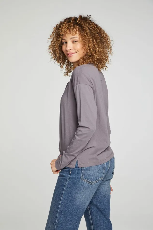 Womens Tops Chaser Brand Cropped Boxy Long Sleeve Henley With Side Slits