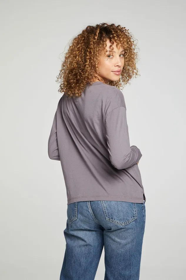 Womens Tops Chaser Brand Cropped Boxy Long Sleeve Henley With Side Slits