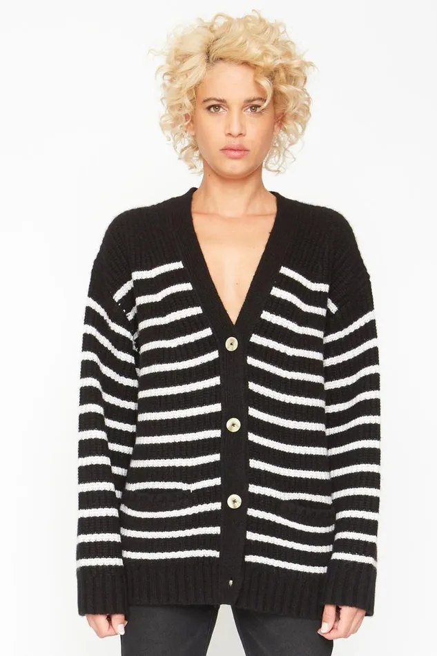 Womens Tops Chaser Brand Grandpa Cardigan Sweater 8211 Black And White Stripe