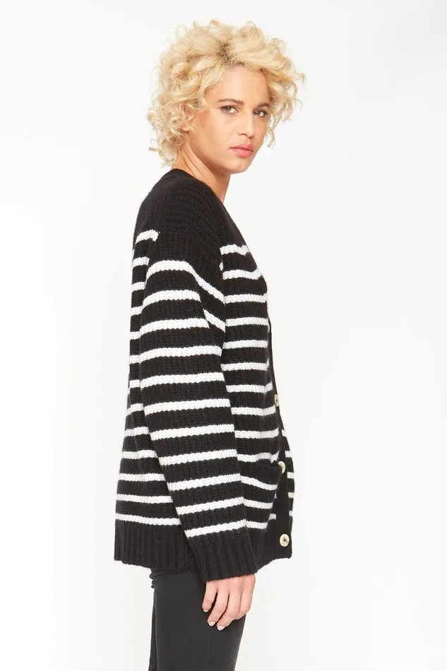 Womens Tops Chaser Brand Grandpa Cardigan Sweater 8211 Black And White Stripe