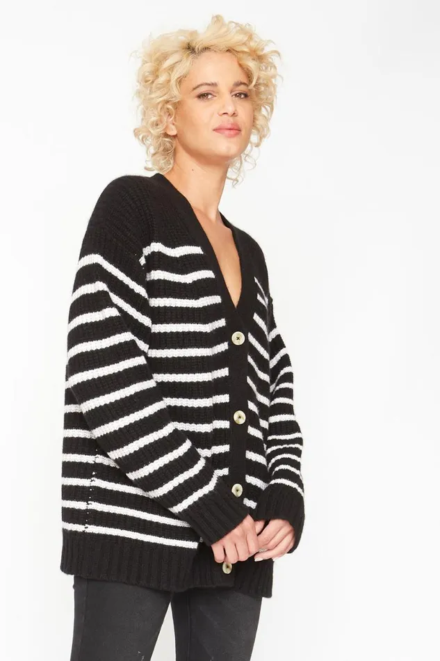 Womens Tops Chaser Brand Grandpa Cardigan Sweater 8211 Black And White Stripe