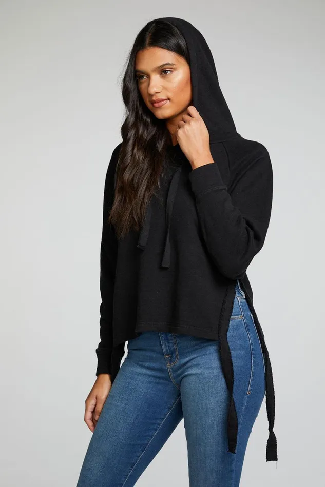 Womens Tops Chaser Brand Linen French Terry Long Sleeve Side Tie Batwing Pullover Hoodie