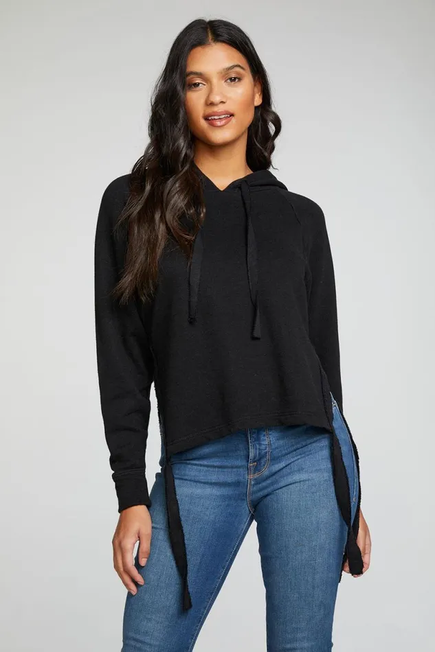 Womens Tops Chaser Brand Linen French Terry Long Sleeve Side Tie Batwing Pullover Hoodie