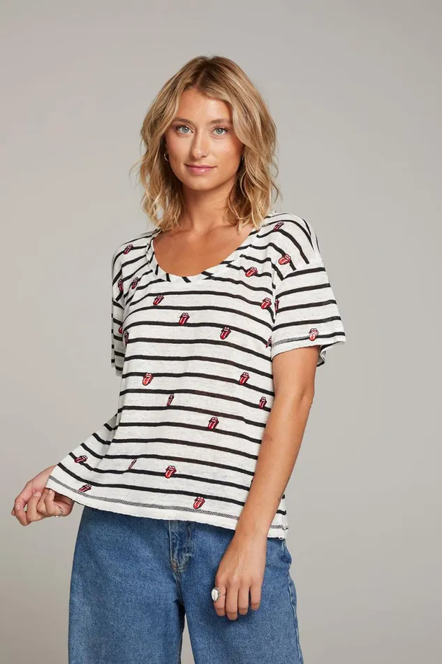 Womens Tops Chaser Brand Rolling Stones All Over Logo Tee