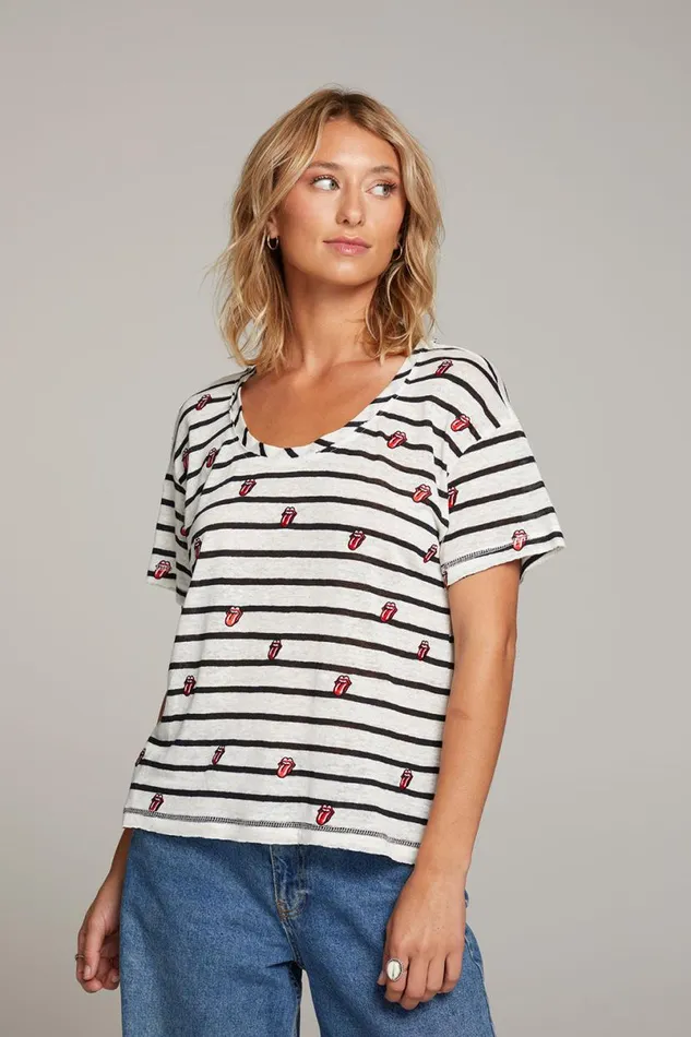 Womens Tops Chaser Brand Rolling Stones All Over Logo Tee