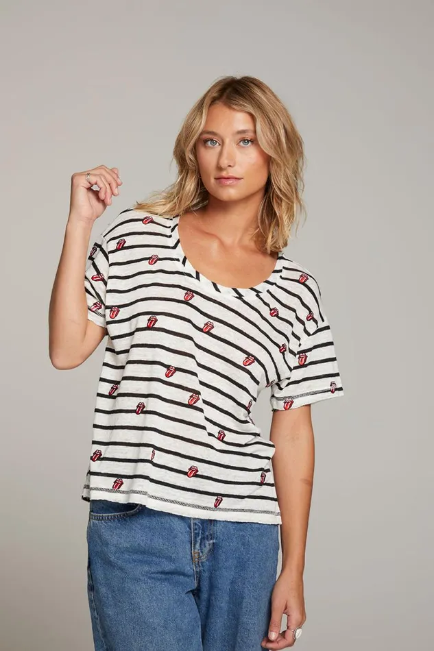 Womens Tops Chaser Brand Rolling Stones All Over Logo Tee