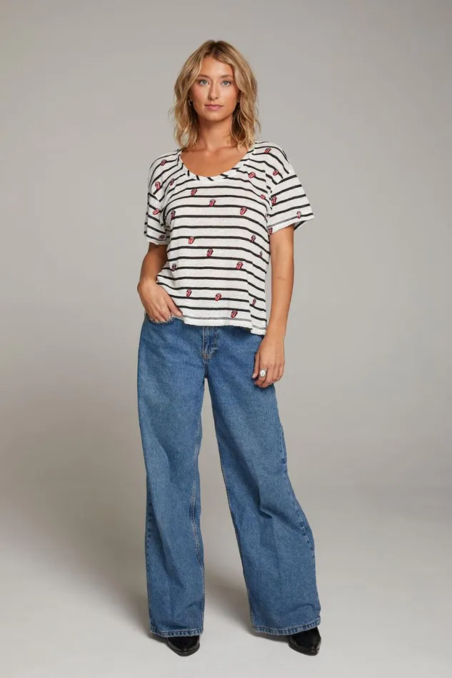 Womens Tops Chaser Brand Rolling Stones All Over Logo Tee