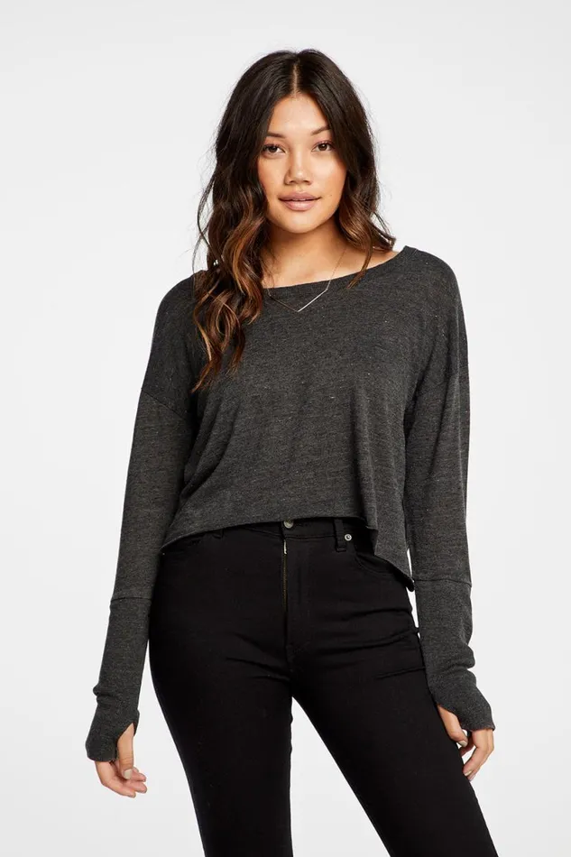 Womens Tops Chaser Brand Triblend Jersey Cropped Open Neck Long Sleeve Thumbhole Tee