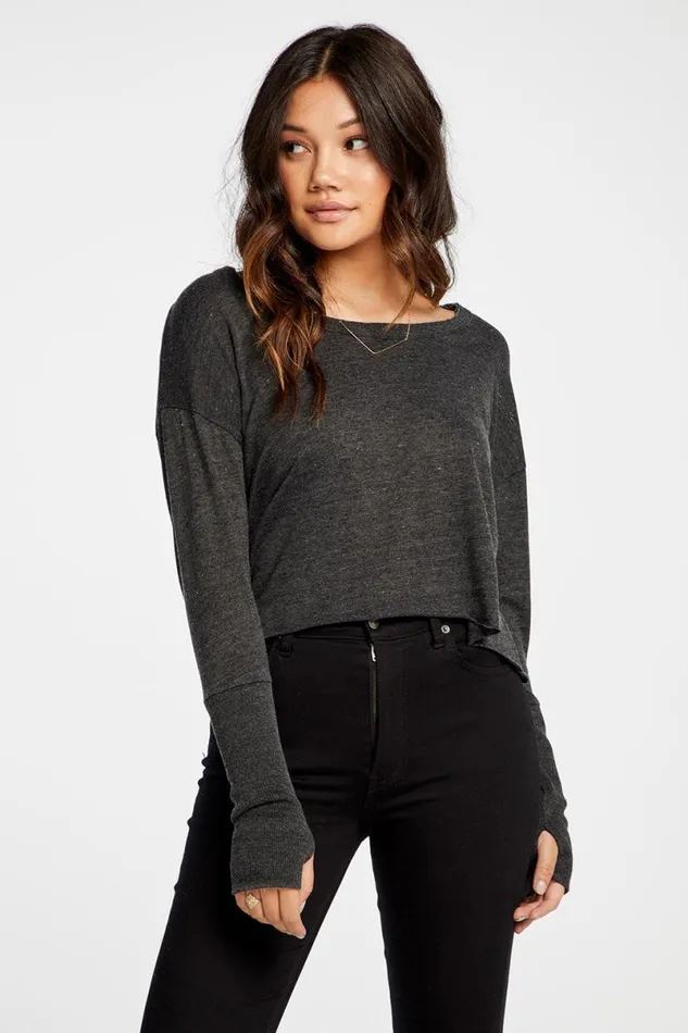 Womens Tops Chaser Brand Triblend Jersey Cropped Open Neck Long Sleeve Thumbhole Tee