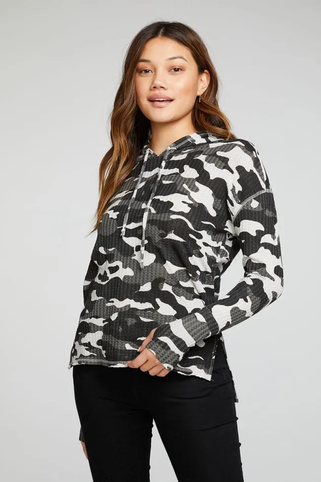 Womens Tops Chaser Brand Vintage Thermal Long Sleeve Drop Shoulder Hi Lo Pullover Hoodie