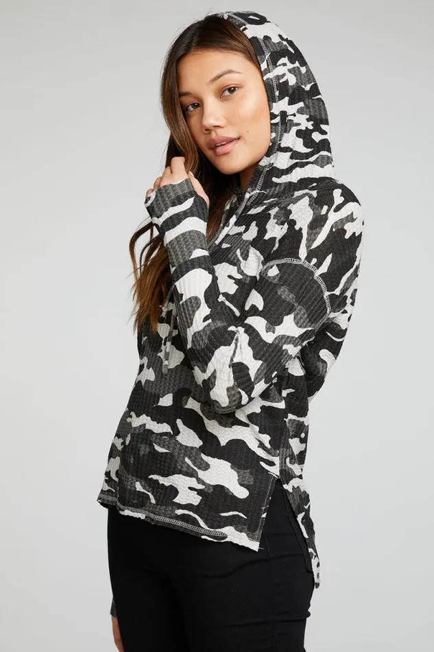 Womens Tops Chaser Brand Vintage Thermal Long Sleeve Drop Shoulder Hi Lo Pullover Hoodie