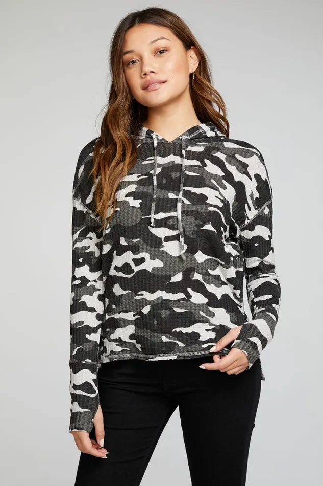 Womens Tops Chaser Brand Vintage Thermal Long Sleeve Drop Shoulder Hi Lo Pullover Hoodie