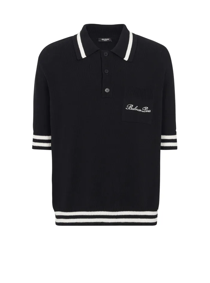 Wool Polo Shirt With Signature Embroidery Black Men Balmain Knitwear