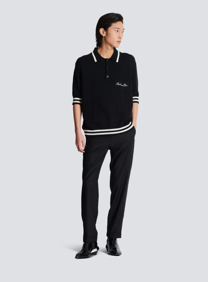Wool Polo Shirt With Signature Embroidery Black Men Balmain Knitwear