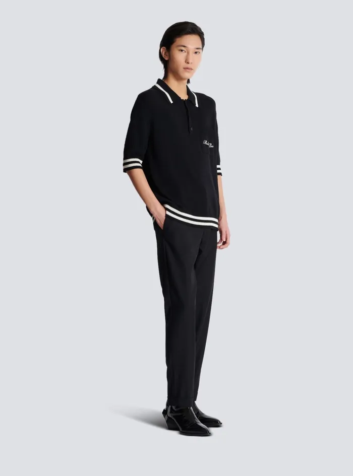Wool Polo Shirt With Signature Embroidery Black Men Balmain Knitwear