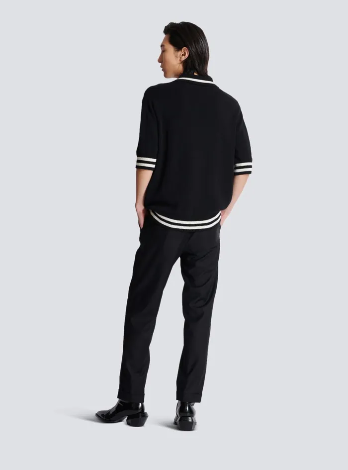 Wool Polo Shirt With Signature Embroidery Black Men Balmain Knitwear