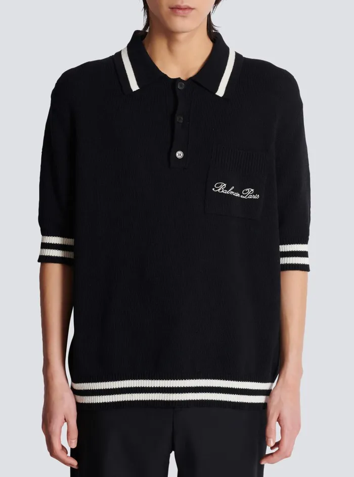 Wool Polo Shirt With Signature Embroidery Black Men Balmain Knitwear