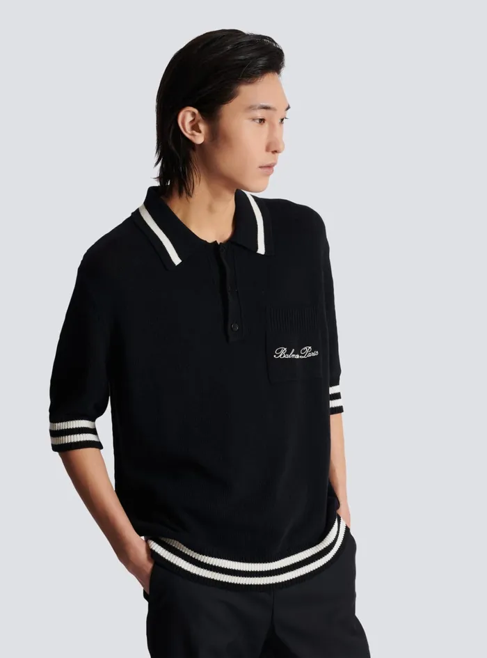 Wool Polo Shirt With Signature Embroidery Black Men Balmain Knitwear